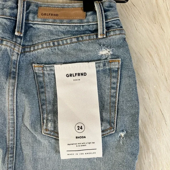 Grlfrnd Denim Rhoda Mini Skirt Blue Distressed Denim 5-Pockets USA 24 New - Picture 2 of 7
